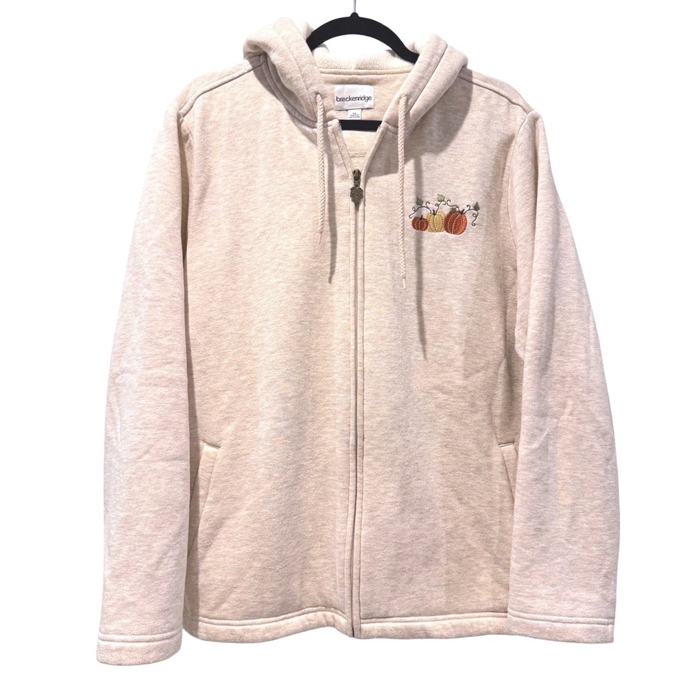 Breckenridge Womens XL Embroidered Pumpkin Scarecrow Zip Hoodie Sweatshirt Beige